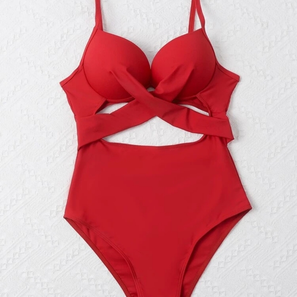 Other - Red Criss Cross Front Cut Out One Piece Swimsuit